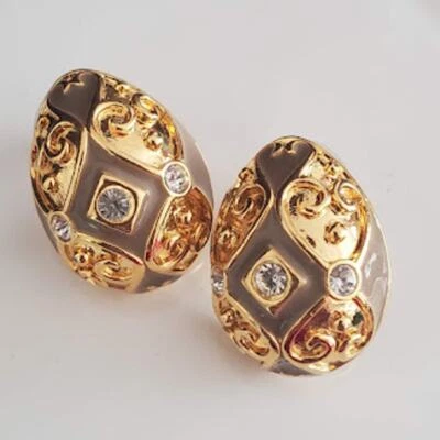 Pendientes Joan Rivers Tono Dorado Verde Salvia Estilo Huevo Fabergé Años 90 De Colección Foto 1 de 4