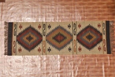 Area Kilim Living Room Hallway Navajo Rugs Wool Jute Handmade 2x6 Vintage - Image 1 of 4