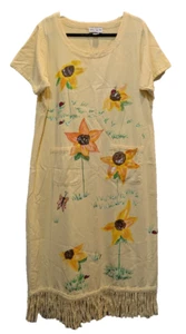 Vtg Shane Lee Inc Painted Sunflower Shift Dress Yellow Lg Art to Wear Fringe Hem - Picture 1 of 13