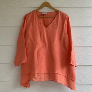 La Fixsun Orange Tunic Top Linen Blouse Lagenlook Boho L V Neck 3/4 Sleeve - Bild 1 von 8
