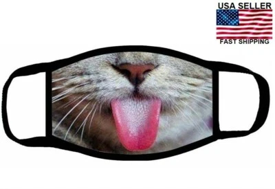 NEW Cute Cat big tongue out Animal Face Mask Cover Reusable Washable USA SELLER - Image 1 of 4