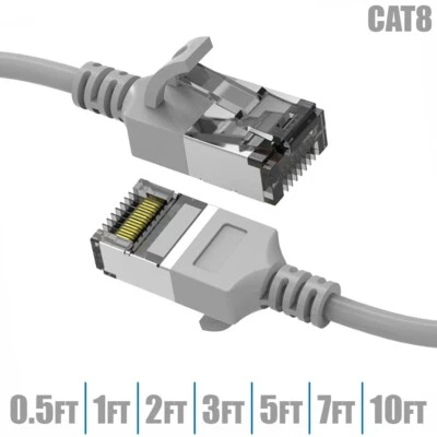 0.5-10FT Cat8 RJ45 Network LAN Ethernet U/FTP Shield Patch Cable Slim 30AWG Gray - Image 1 of 4