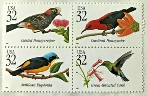 TROPICAL BIRDS - BLOCK OF FOUR 32 cent COMMEMORATIVE STAMPS - 1998 USPS MNH - Picture 1 of 5