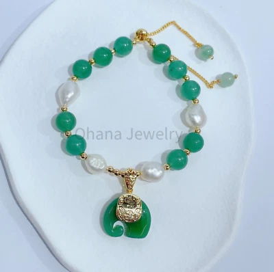 Pulsera de cobre ajustable con perlas de agua dulce de jade verde natural - elefante Foto 1 de 2