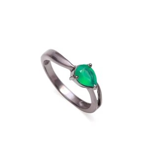 Natural Green Onyx Pear Ring 925 Sterling Silver Black Oxidized Jewelry For Her - Picture 1 of 16