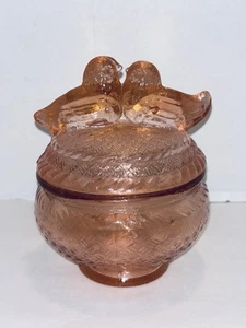 Barattolo caramelle vintage Love Birds colomba rosa depressione vetro coperchio - Foto 1 di 10