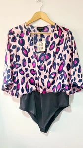 Ladies QED London Pink Kimono Sleeve Satin Bodysuit Size 14 Bnwt Leopard Print - Picture 1 of 4