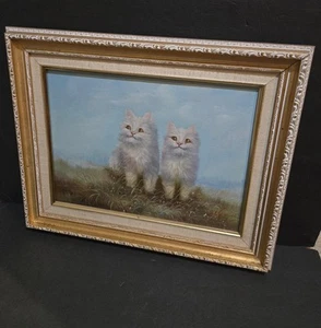VINTAGE PHILIP SANDEE SIGNED CAT KITTENS ORIGINAL OIL ON CANVAS FRAMED MATTED - Picture 1 of 6