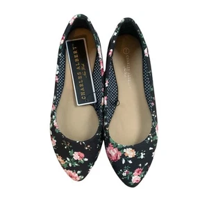 Charles Albert NY Flats Shoes Pink Floral On Black Fabric Women’s Size 7 - Picture 1 of 6