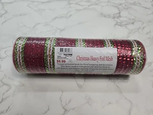 Fabric Decorative Mesh Poly 10"X 10 yd Red Green Christmas Heavy Foil Striped - Picture 1 of 6