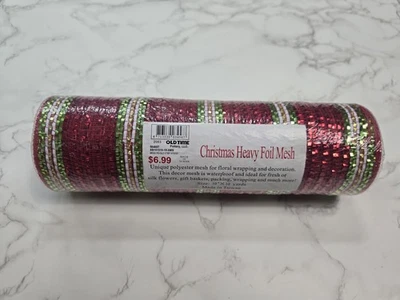 Fabric Decorative Mesh Poly 10"X 10 yd Red Green Christmas Heavy Foil Striped  - Image 1 of 4