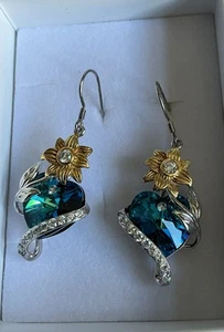 925 Silver Cubic Zirconia / Blue Crystal Heart Flower Drop Earrings/ Statement - Picture 1 of 6