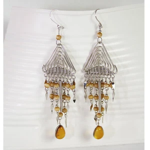 Peruvian Dangle Earrings Silver Tone Wire Brown Tan Glass Ethnic Boho Pierced - Picture 1 of 10