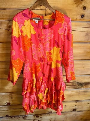 Hermoso vestido floral con volantes Gillian para mujer talla 14 100 % seda L/S de colección Resort Foto 1 de 4