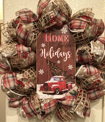 GUIRNALDA DE NAVIDAD CAMIÓN ROJO ARPILLERA 🎄 Malla decorativa hecha a mano CASA DE CAMPO RÚSTICA ¡Linda! Foto 1 de 4