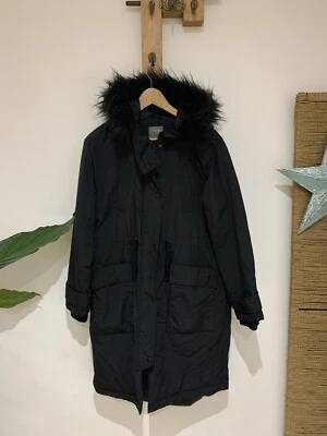 OASIS Mid Length Black Faux Fur Trim Hooded Padded Puffer Parka Coat Size Small - Image 1 of 4