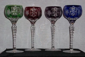 HAND BLOWN & CUT CRYSTAL SET OF 4 OVERLAY CUT-TO-CLEAR TALL HOCK WINE GLASS NEW - Picture 1 of 6