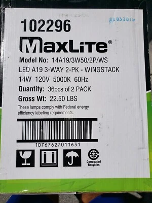 72 Pack Maxlite 3 Way LED Bulb 40 60 100 Watt Replacement 4/8/14W Daylight 5000K - Image 1 of 4