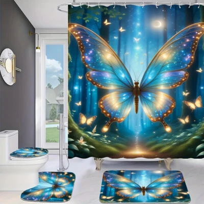 3D Forest Moon Mariposa Cortina de Ducha Antideslizante Alfombra de Baño Alfombras Tapa de Inodoro Cubierta Foto 1 de 4