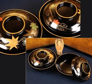 Vintage Japanese Lacquerware Pair of Bowl Gold Makie Maple Pattern CF76 - Picture 1 of 10