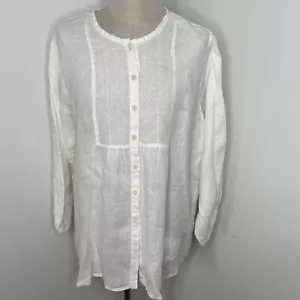 FLACHS weißes Leinenhemd Größe Large plissiert kastenförmig Jacke Knopf Tunika Top Bluse - Bild 1 von 12