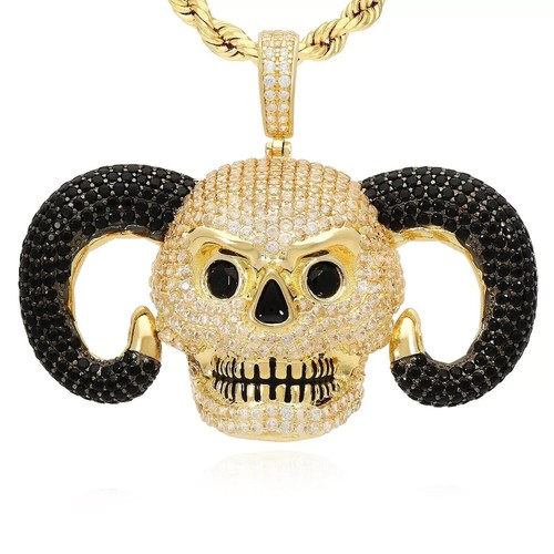 VETEMENTS Ciondolo uomo 5 ct RD simulato diamante nero teschio vero argento sterling 925 giallo