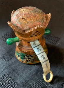 Antique French Mers-les-Bains Wooden Tape Measure Novelty Pin Cushion - Picture 1 of 6