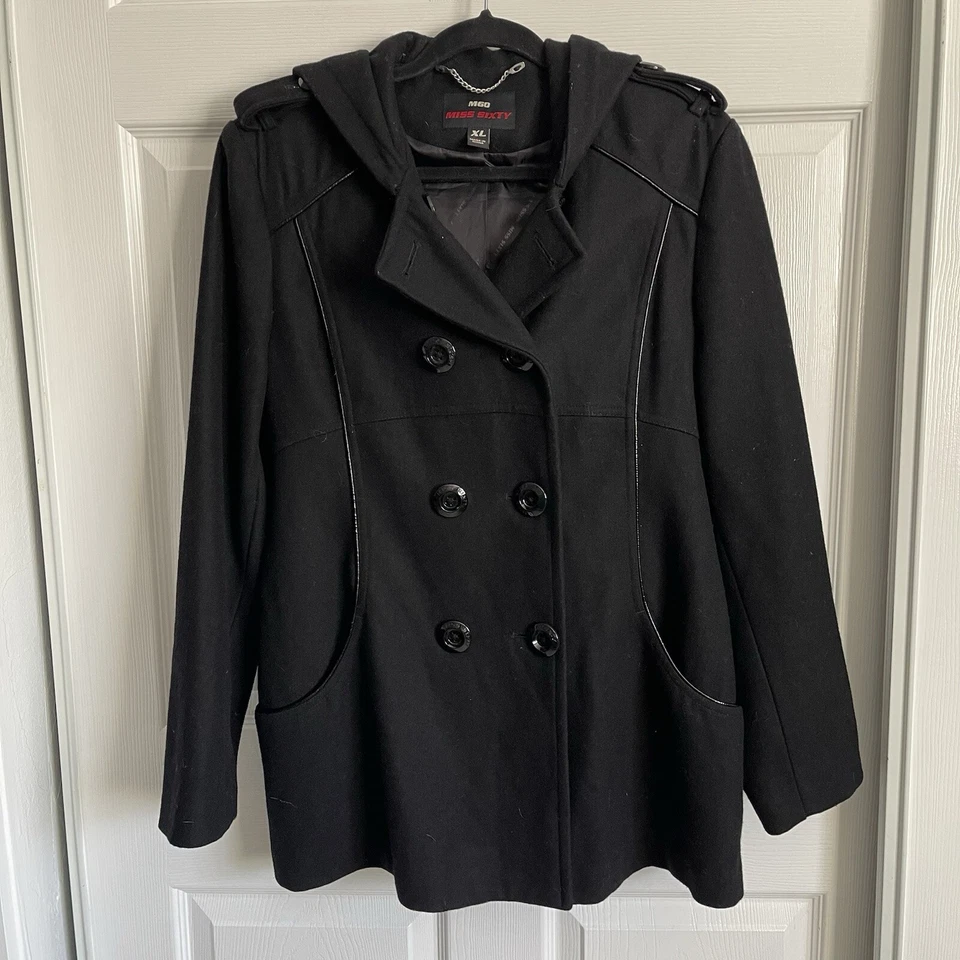 Abrigo de mezcla de lana negro con detalles de imitación de cuero Miss Sixty espalda con cinturón XL Foto 1 de 4