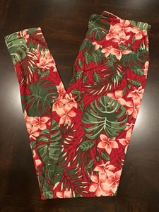 Lularoe OS Leggings Hawaiian Tropical Floral Plumeria Palm Leaves Red - Picture 1 of 3