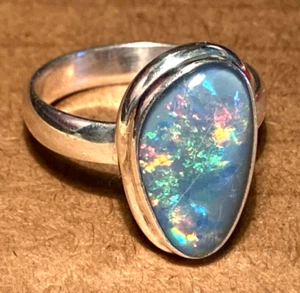 Opal Ring Large Freeform Opal Triplet 15 x 9 mm - Solid Silver - Sizes 7 US - Picture 1 of 9
