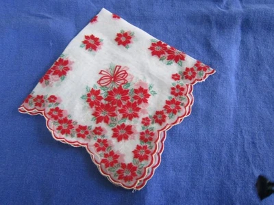 Lovely FLOCKED Sheer Nylon CHRISTMAS HANDKERCHIEF HANKIE Red Poinsettias c1950's - Image 1 of 4