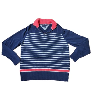 Tommy Hilfiger Men’s Large Navy Red Stripe Quarter Zip Cotton Sweater Pullover - Picture 1 of 11
