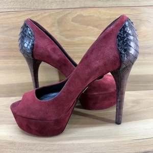 BRIAN ATWOOD Womens 7 Burgundy Suede Peep Toe Pumps Platform Heels Snake Leather - Picture 1 of 11