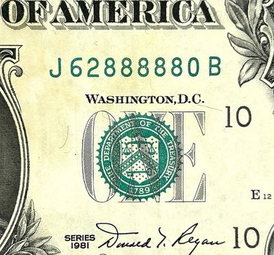 62888880 - Fancy Five In A Row Serial - AU 1981 $1 Bill Federal Reserve Note - Image 1 of 3