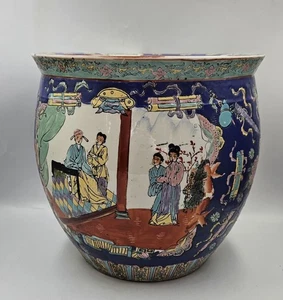 Vintage Famille Rose Medaillon chinesische Koi Fisch Schale Chinoiserie Pflanzgefäß Jardiniere - Bild 1 von 21