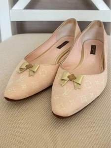 LOUIS VUITTON Monogram Pink Denim Flat Pumps ballet shoes Ribbon Size36.5/US6.5 - Picture 1 of 8
