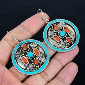 Orecchino vintage tibetano in argento sterling 925 fatto a mano corallo... - Foto 1 di 9