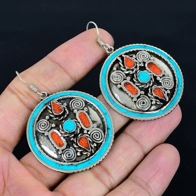 Orecchino vintage tibetano in argento sterling 925 fatto a mano corallo... - Immagine 1 di 4