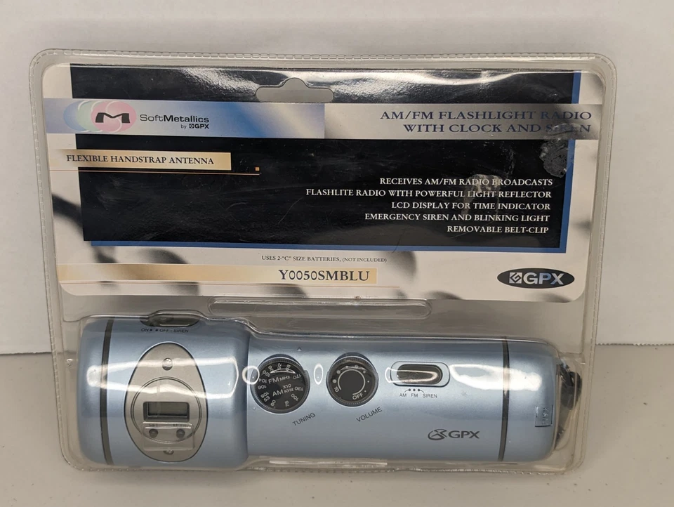GPX Sports Metallic AM FM Radio Flashlight Clock Emergency Siren Portable Sealed - Image 1 of 4