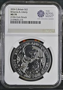 First coin NR.215! 2024 uk £2 liberty and britannia 1 oz silver coin ngc ms 70 - Picture 1 of 2