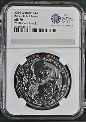 First coin NR.215! 2024 uk £2 liberty and britannia 1 oz silver coin ngc ms 70 - Image 1 of 2