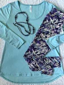 Lularoe Outfit Lynnae Medium Solid Aqua Mint Green OS Purple Cream Leggings - Bild 1 von 4
