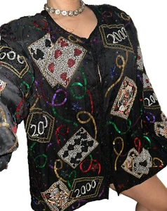 Laurence Kazar Plus 3X Schwarz Y2K SEIDE Glitzer Pailletten Jacke Vintage Party Urlaub - Bild 1 von 9