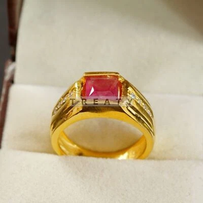 Ruby Cushion Cut Gemstone With 925 Sterling Gold Plated Ring For Men's #B768 - Image 1 of 4