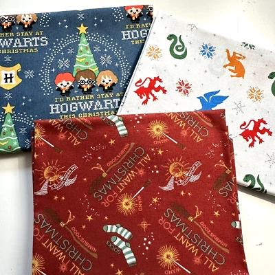 Harry Potter Christmas 3 Fat Quarter Bundle Hogwarts Cotton Quilting Fabric - Image 1 of 4