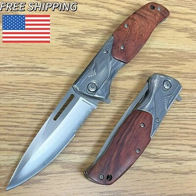 9-дюймовый деревянный быстро открывающийся пружинный карманный нож EDC складной тактический с открытым лезвием - Изображение 1 из 4