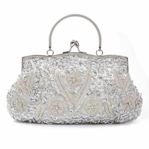 Bead Sequined Clutch Purse Metal Frame Evening Bag Party Bridal Wedding Handbag - Picture 1 of 12
