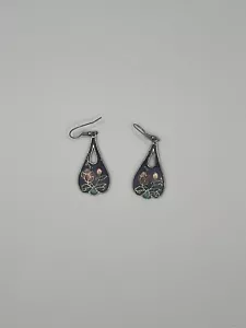 VINTAGE GENUINE CLOISONNE ART NOUVEAU MULTICOLOR BUTTERFLY & FLOWERS EARRINGS - Picture 1 of 2