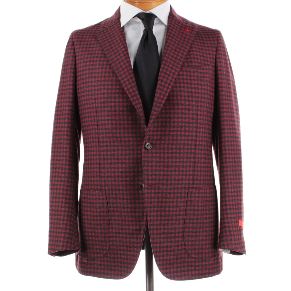 Abrigo deportivo Isaia nuevo con etiquetas talla 52 42R EE. UU. Dustin en rojo y negro a cuadros de pistola Foto 1 de 4