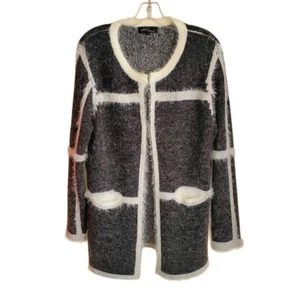 Nicole Sabbatini Fuzzy Grid Cardigan Jacket Size L Textured Black White Partial - Picture 1 of 3